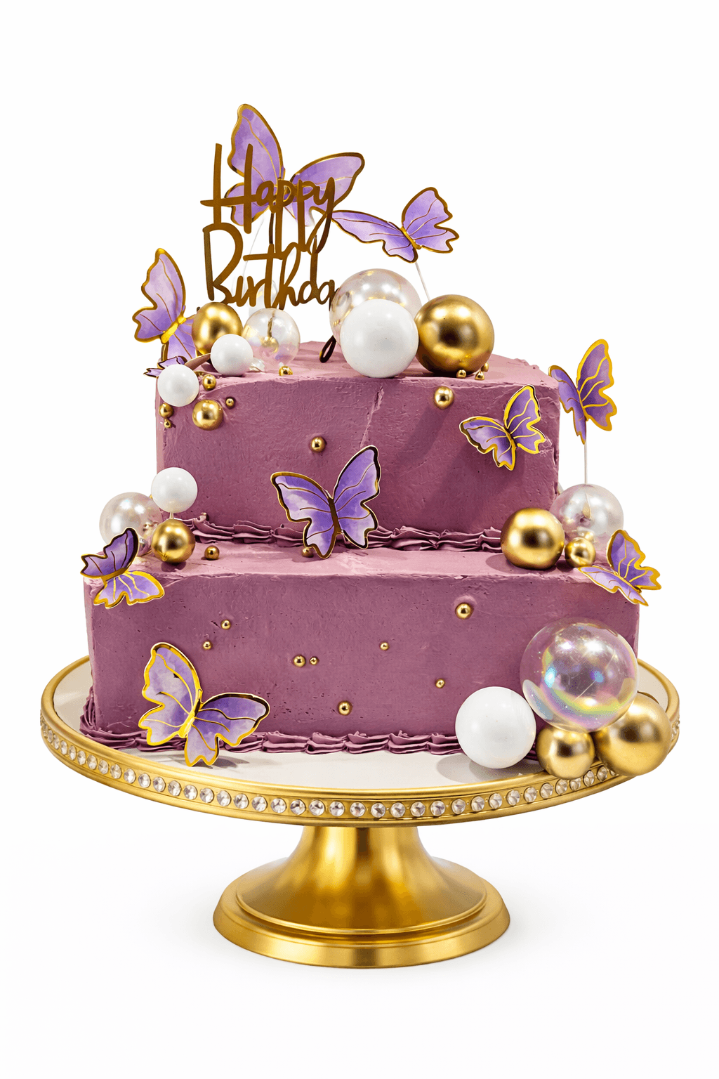 Two-tier mauve butterfly cake with gold detailing