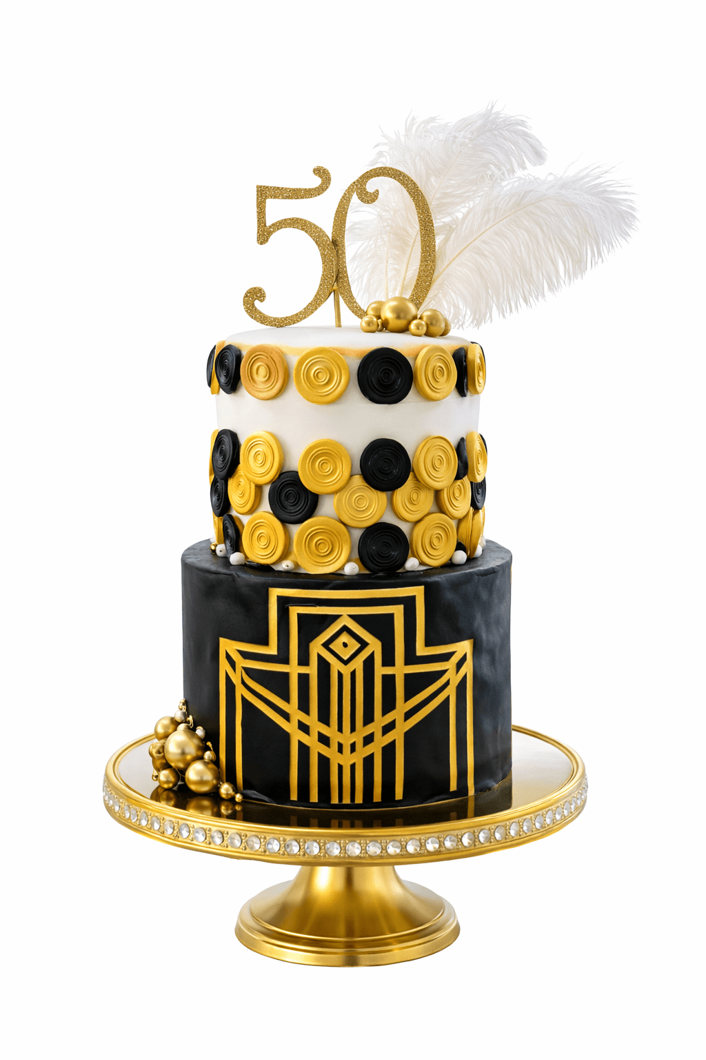 Two-tier black and gold art deco 50th birthday cake