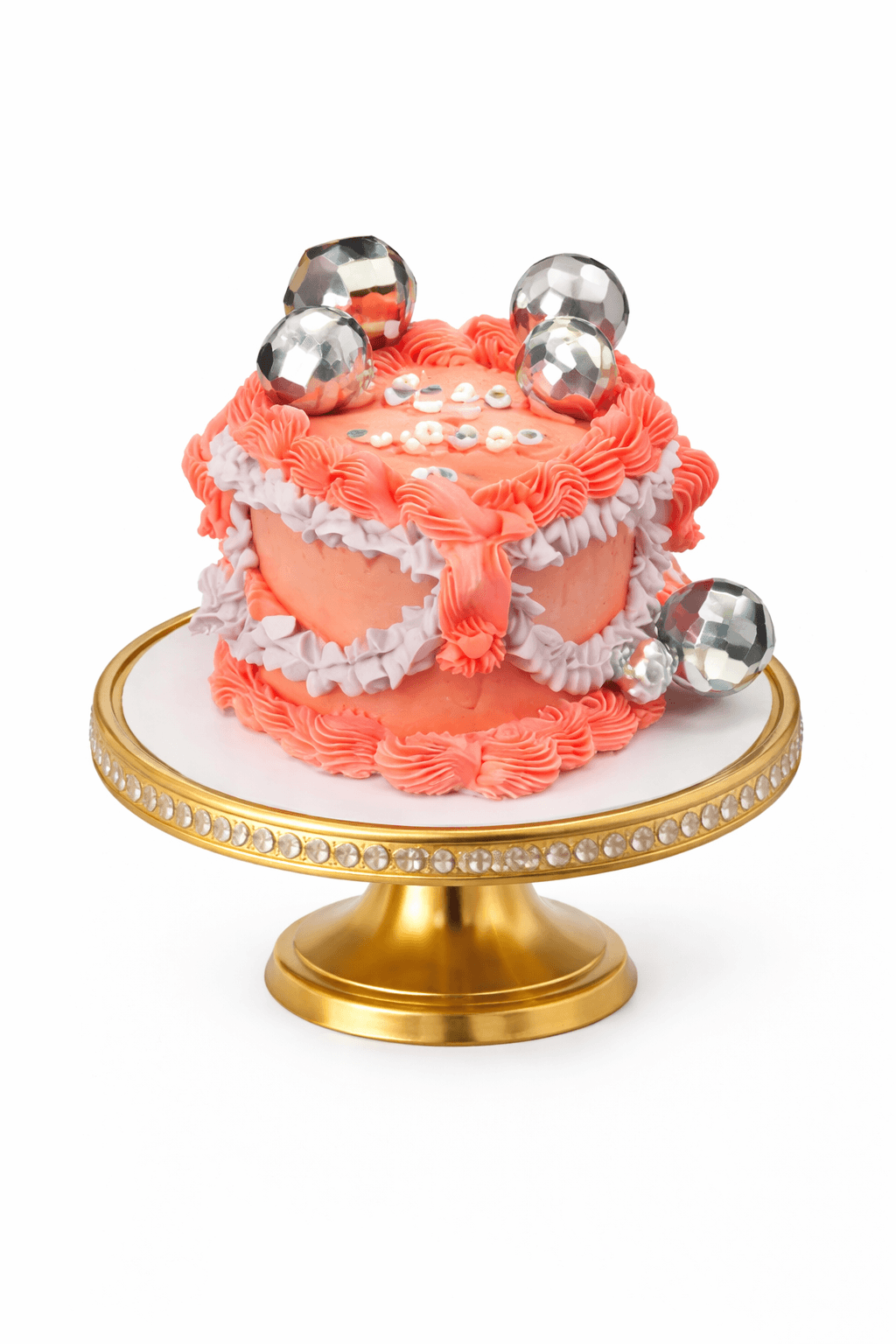 Coral vintage cake with metallic disco ball accents