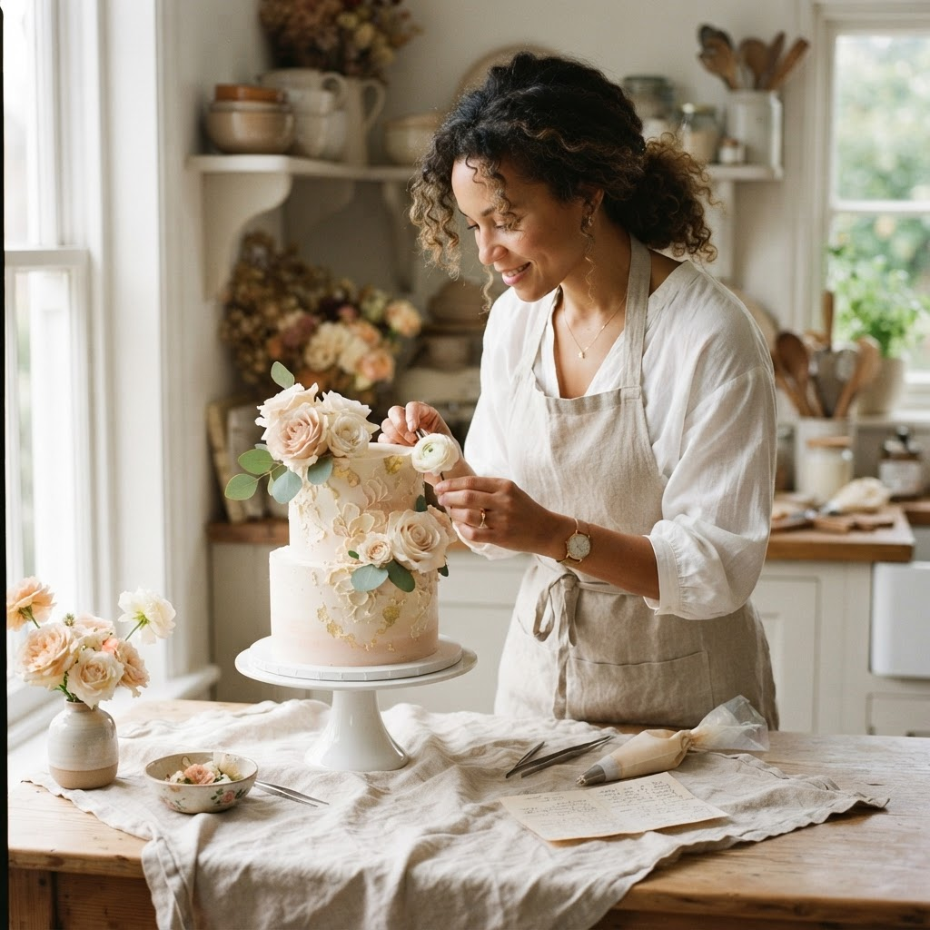 Udeni, founder and cake artist, quietly finishing a cake in her kitchen