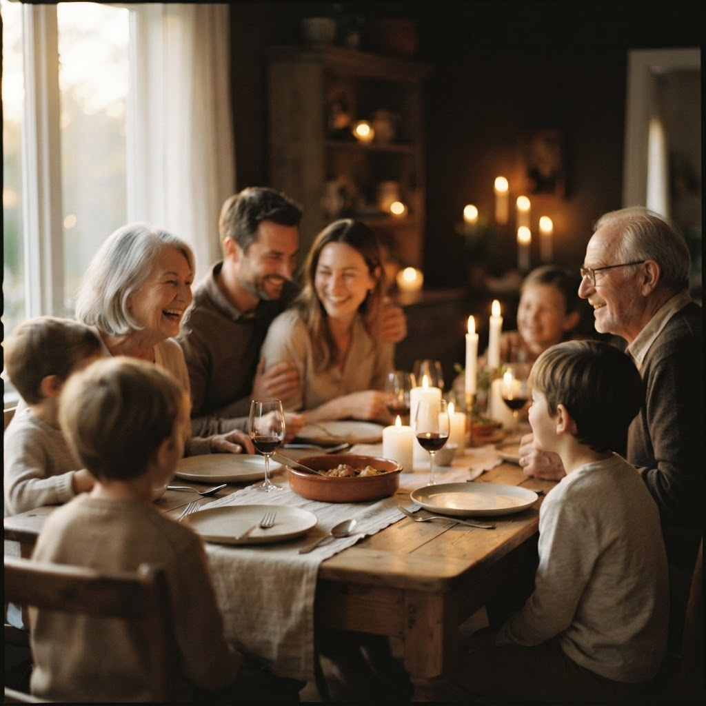 A warm family celebration gathered softly together