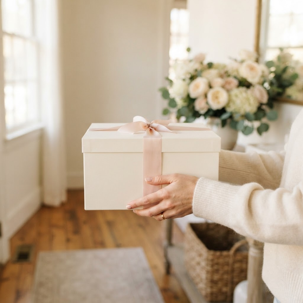 A cake box tied with blush ribbon being carried carefully by hand