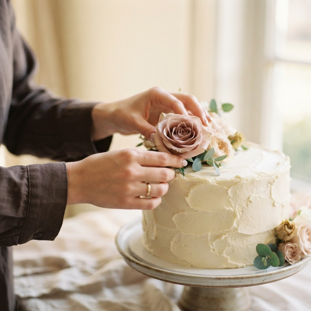 A gentle finishing touch on a celebration cake