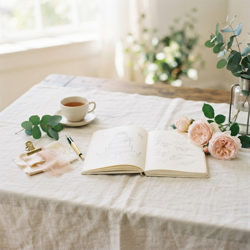 A sketchbook, fabric swatches and roses laid out for planning