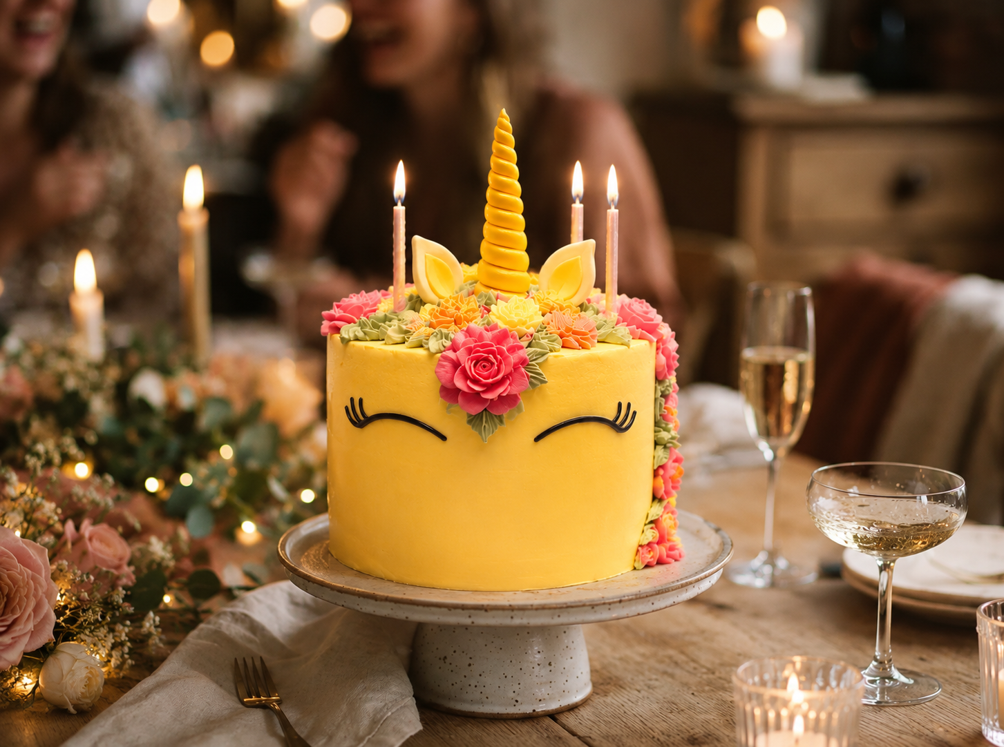 A joyful yellow unicorn birthday cake with a golden horn, a mane of pink and orange flowers and lit candles, on a candlelit celebration table