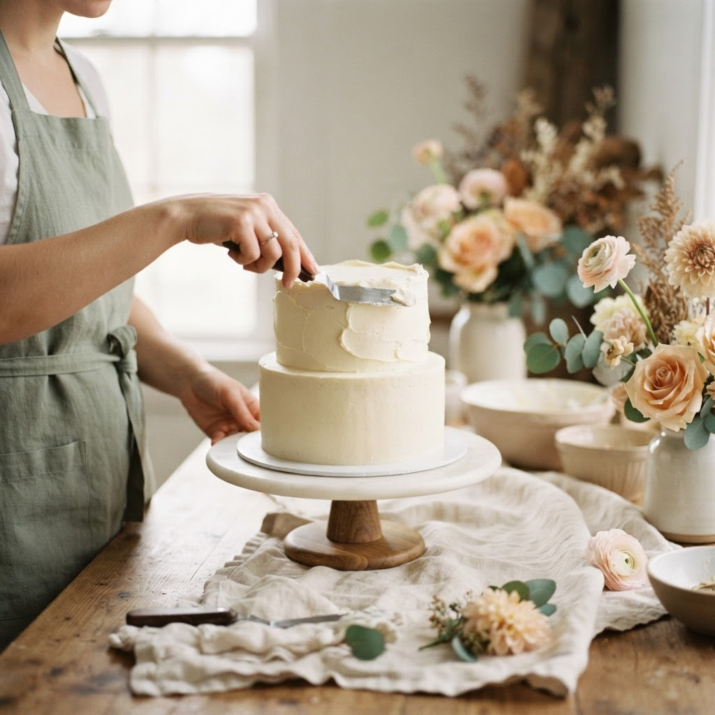 A cake artist carefully smoothing frosting on a cake by hand