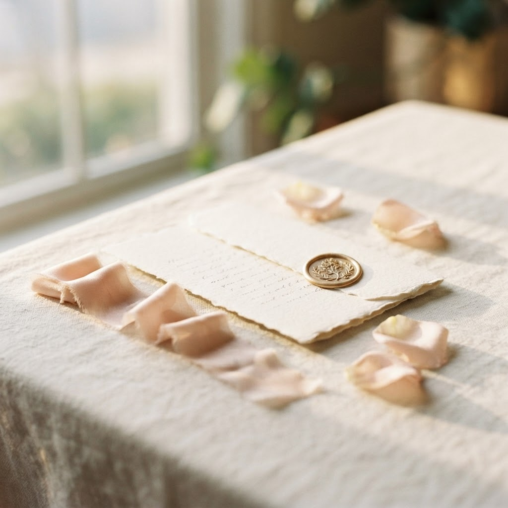 A handwritten note tied with blush ribbon and sealed with a gold wax stamp, resting on ivory linen